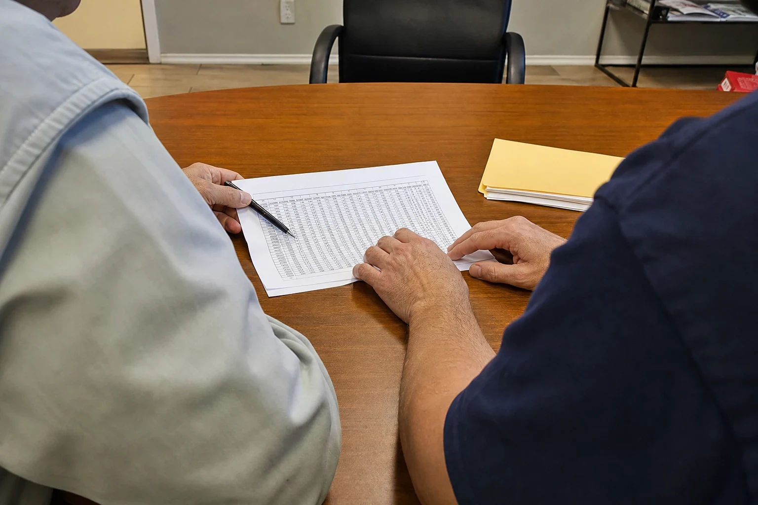 Over-the-shoulder view of two people at a wooden conference table reviewing a printed page of figures, one holding a pen, with a manila folder nearby