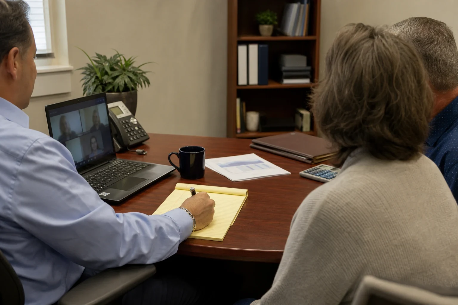 Agent writing on a yellow legal pad at a wooden desk with a laptop and phone while a couple sits beside the desk in a small office with a bookshelf and window